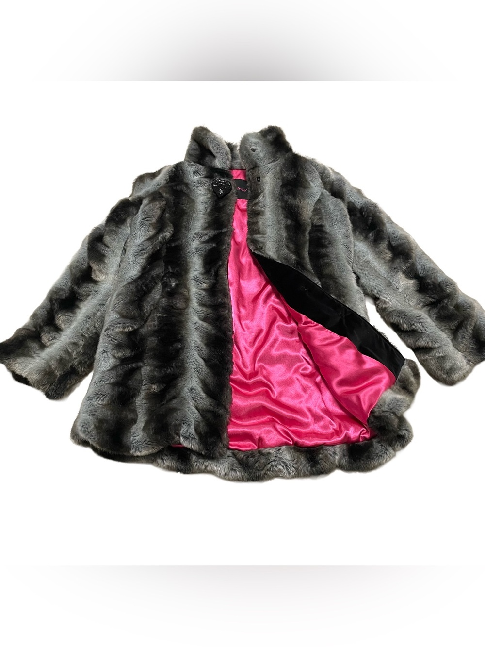Betsey Johnson Black & Gray Faux Fur Coat with Hot Pink Satin Lining